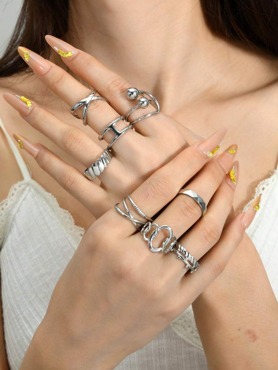 Bộ 8 chiếc nhẫn hở hình thoi rỗng bằng thép không gỉ màu bạc, thích hợp cho phụ nữ đeo hàng ngày và làm phụ kiện trong các dịp lễ hội. - Bạc - Xem 1