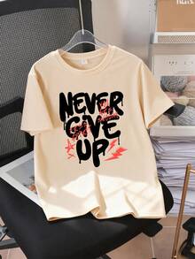 1套青少年男孩短袖T恤與運動長褲套裝，印有「NEVER GIVE UP」圖案，完美夏季禮物，適合春/夏學校與戶外穿著 - 彩色 - 查看 4