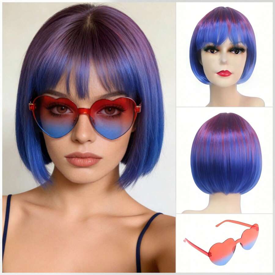 Cyberpunk Bob Wig & Glasses Set - 20+ Neon Colors With Adjustable Fringe | Multi-Tone Synthetic Hair For Cosplay, Rave, Halloween & Daily Bold Fashion (Hot Red/Lime Green/Orange/Light Pink/Plum Purple/Neon Blue/Neon Lilac/Golden Blonde/Black) - 藏蓝色 - 查看 1