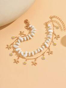 2pcs/Set Summer Daisy Handmade Anklet, Fashion Trending White Bead Handcrafted Anklet Jewelry, Suitable For Beach Travel, Dating, Outing And Dinner Wear. Handmade Chain And Bead Quantity Are Adjustable By Length. - Multicolor - View 3
