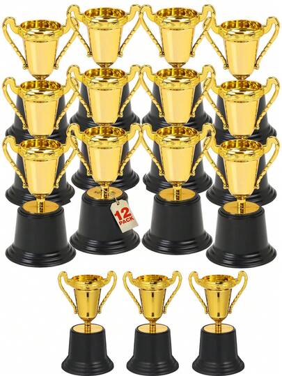 12个金色奖杯，金牌，迷你奖杯，4.72英寸金色奖杯，五角金色奖杯，塑料奖杯，适用于比赛、活动、体育赛事、派对装饰、表演、颁奖典礼和表彰礼品、派对装饰、派对奖品、游戏奖品、派对礼品、学校奖励和感谢礼品（轻微划痕和磕碰属于正常工业现象，不影响使用，请参考图6查看实物）