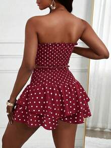女士波点荷叶边吊带背心+荷叶边半裙两件套，沙滩度假装，时尚约会派对连衣裙，夏季度假风 - 紅色 - 查看 2