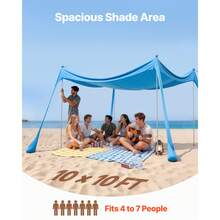 Beach Tent Sun Shelter, UPF50+ Sun Protection, 6.6 Ft Tall, 10x10 Ft, Easy Pop Up Beach Canopy With 4 Sandbags, Stability Poles, Sand Shovels, Portable Shade For Family Outings, Camping, Fishing - Four-corner 4-sandbag set, 10*10*6.6ft, Blue - 查看 2