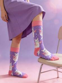 1 Pair Women's Pink & Purple Angel Cat Design Mid-Calf Socks, Elegant & Cute, Suitable For Vacation, Travel, All Seasons, Unisex - Violet Purple - View 5