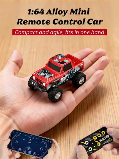 1/64 Escala Mini Camión Monstruo Remolque de Control Remoto, Control 2.4GHz y APP, Carcasa de Aleación Recargable Mini Coche RC con Luces, Ajuste de Velocidad/Dirección (Naranja)
