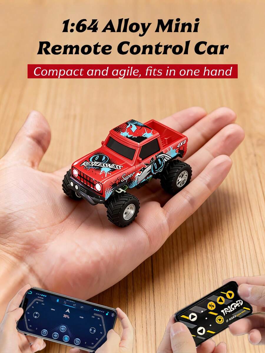 1/64 Scale Mini Remote Control Monster Truck Trailer, Rechargeable Alloy Shell Mini RC Car With Lights, Speed/Steering Adjustable (Orange)