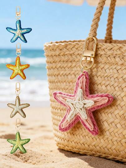 Dopamine Colored Grass Woven Bag Pendant, New Vacation Style Starfish Pendant, High-End Temperament Deep Light Color Starfish Keychain Pendant, Suitable For Beach Vacation, Seaside Travel, Summer Dopamine, Beach And Holiday Theme Accessories
