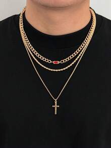 Bộ 3 dây chuyền mặt hình thánh giá phong cách Rock & Hip Hop cổ điển, dây bện đính đá acrylic hình học, thiết kế Gothic Punk, phong cách tối giản thường ngày, phong cách đường phố, thích hợp cho ngày lễ, tiệc tùng, đeo hàng ngày, quà tặng thời trang unisex. - vòng cổ - Xem 4