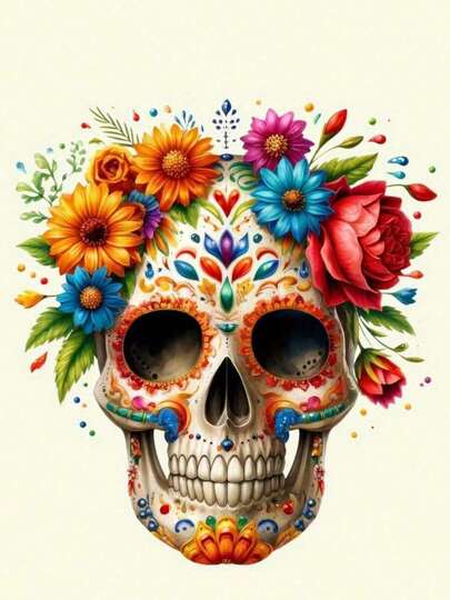 1张/2张/3张彩色花卉骷髅图案热转印贴纸，适用于DIY T恤、牛仔裤、枕头、背包、帽子和沙发套，防水、防褪色、耐用塑料贴纸，趣味图案，可用于织物装饰、服装点缀和手工爱好者创作。