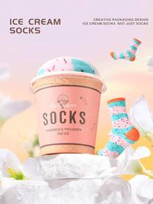 1 Pair Of Incredibly Cost-Effective Multicolor Mid-Calf Gift Socks, Available In Men's And Women's Styles, Couple Gift Box Set, Soft And Novelty Ice Cream Socks, Whimsical Food-Inspired Creative Design, Comfortable And Versatile, Suitable As Birthday Gifts - Multicolor - View 9