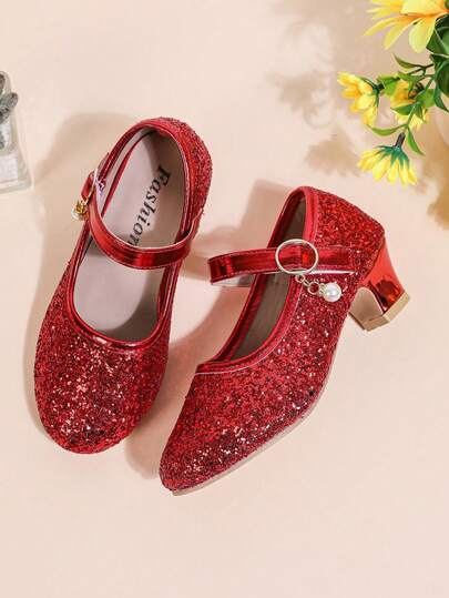 1 Pair Girls' Fashion Glitter High Heel Shoes, Round Toe Flat Buckle Princess Shoes, Suitable For Dance Performance, New Arrival
