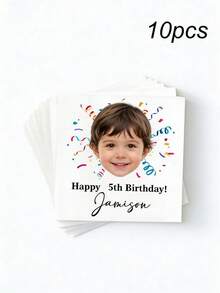 Customized Birthday Photo Napkins With Name, Personalized Face Pattern Children's Party Napkins, 5th Birthday Celebration Party, Back To School - Multicolor - View 8