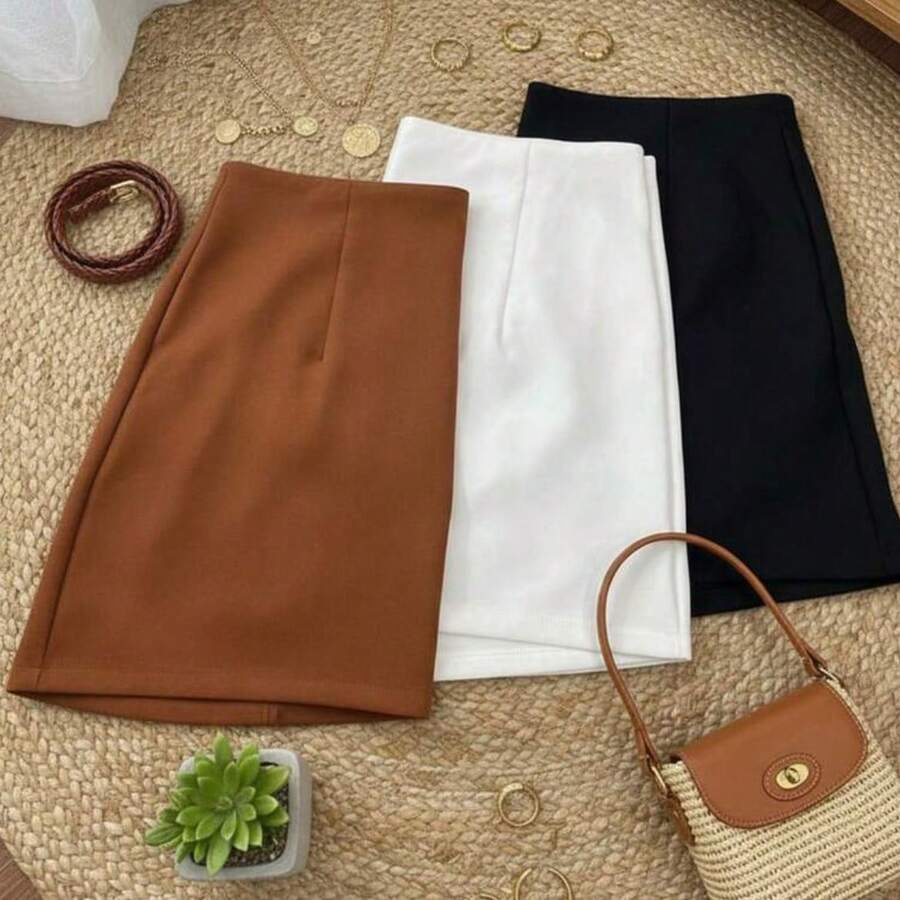 Set Of 3 Women's Tailored High-Waisted Dress Shorts, Elegant, Casual, Summer Fashion, Work, Office - 棕色/白色/黑色 - 查看 1