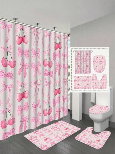 1/4pcs Decorative Bow Shower Curtain Set, Waterproof Shower Curtain With 12 Hooks, Non-Slip Bathroom Rug, U-Shaped Toilet Mat, Toilet Lid Cover, Bathroom Decor, Bathroom Curtain Set, Bathroom Accessories