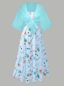 Women's Elegant Ditsy Floral Chiffon Dress & Jacket Two Pieces Set, Fashionable Outfit For Date, Holiday, Casual Wear Spring - 薄荷藍 - 查看 7