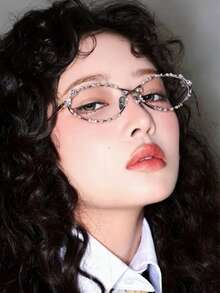 1pc Rhinestone Oval Fashion Eyeglasses Frame, Niche High-End Plain Glass Metal Minimalist Suitable For Photo Decoration - Multicolor - View 2