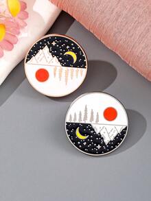 1/2pcs Day & Night Mountain Landscape Enamel Brooch, Creative Outfit Accessory, Artistic Gift Lapel Pin - Multicolor - View 3