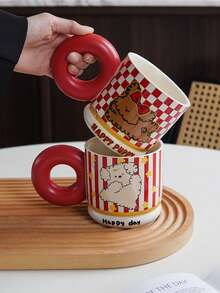1pc 550ml Cute Curly-Haired Puppy Ceramic Mug, Red Round Mug With A Chunky Handle, Puppy Mug With A Bow, Elegant And Generous Capacity, Ideal For Home Decor And Tableware, Perfect As A Latte Or Milk Cup For Restaurants And Cafes, Suitable As A Drinking Cup For The Office, Living Room Or Bedroom, Makes A Lovely Gift, And Ideal For Festive Decorations - Multicolor - View 3