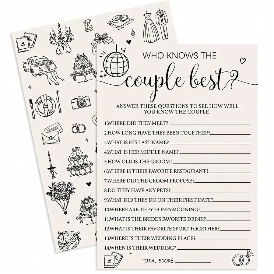 Who Knows The Newlyweds Best? Wedding Party Game Cards, Black, Bridal Shower Party Game Cards, Wedding Engagement Party Supplies - A - View 1