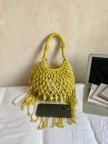 Handmade Hollow Woven Tassel Bag, Beaded Decor Handbag, Casual Commuter Sweet Style Women's Bag, Ins Woven Tote Bag, Tassel Beaded Hollow Women's Bag, Daily Commute Versatile Small Purse - Yellow - View 8