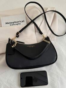 This Fashionable, Classic And Versatile Letter Graphic Design Solid Color PU Waterproof Material Crescent-Shaped Shoulder/Underarm Bag Is Suitable For Shopping And Can Be Worn Crossbody. - 黑色 - 查看 8