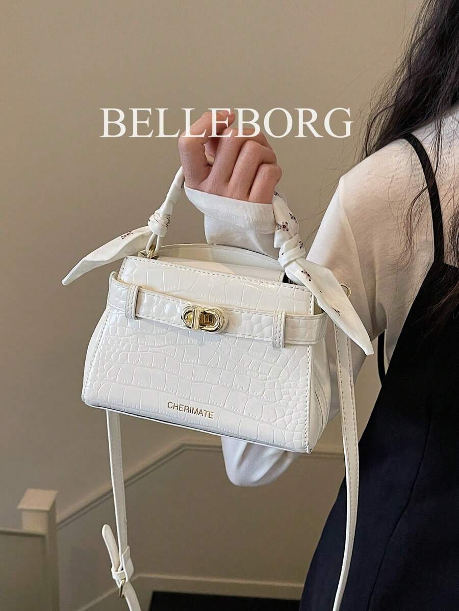 优雅石纹多功能女士手提包，带围巾 - 白色 - 查看 1