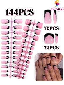 144 piezas de uñas artificiales cuadradas negras brillantes, adecuadas para uso diario, conjunto de manicura reutilizable y rentable - Multicolor - Ver 2