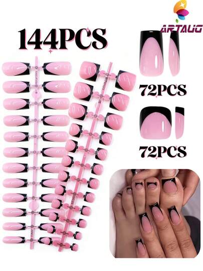 144 piezas de uñas artificiales cuadradas negras brillantes, adecuadas para uso diario, conjunto de manicura reutilizable y rentable