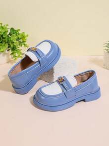 1 Pair White & Loafers, Soft & Comfortable Colorblock Fabric + Shiny Metal Buckle Decor, Classic Round Toe Elastic Soft Sole Slip-On Design, Fashionable British Style Flat Shoes, Suitable For Boys & Girls Students Daily Casual, Vacation, Holiday, School, Party, Outdoor Wear, Spring/Autumn New - Blue - View 5
