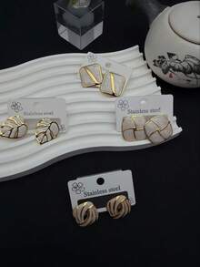 16 Pieces Of Stainless Steel "Light Wind" White Enamel Earrings, Featuring Golden Textures, With Various Elements Such As Simple Heart Shapes And Leaf Shapes, Etc. As The Design Of The Earrings, Suitable For Women To Wear (Random Shipment) - Multicolor - View 2