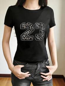 Camiseta de mujer de cuello redondo y manga corta, chica americana linda, nuevo estampado de leopardo y patrón digital de verano, top corto de moda ajustado casual negro - Negro - Ver 2