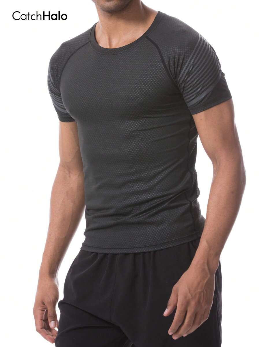 Men's Athletic Striped Shirt, Grey Slim Fit Compression Top, Raglan Sleeve Design Breathable Quick-Dry, Suitable For Gym, Training And Fitness - Black - View 1