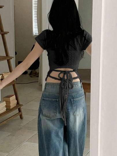 2025 Spring/Summer New Fashionable Casual Women's Tie-Up Short Sleeve T-Shirt Black