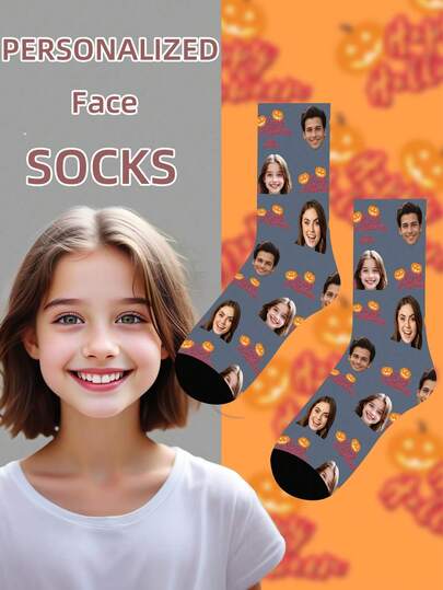 1 Pair Customized Face Pattern Socks, Personalized Photo Socks, Personalized Printed Socks, Funny Face Socks, Can Print Any Face Pattern, Suitable For Anniversary, Valentine's Day, Birthday, Wedding, Mother's Day, Father's Day, Best Friend Gifts