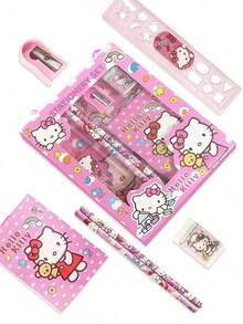 SANRIO 6pcs/Set Hello Kitty Cartoon Ruler, Pencil Sharpener, Eraser, Notebook Stationery Set, Creative Drawing & Office Supplies, Kitty Cat Stationery Gift Set (Some Accessories May Be Random) (Packaging Design Is Random) - Multicolor - View 2