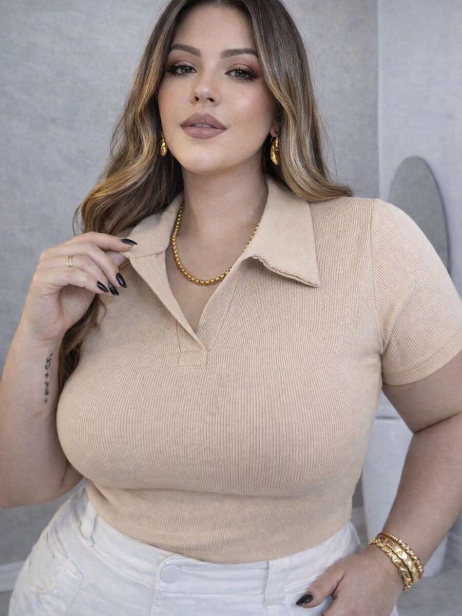 T-Shirt, Polo Shirt, Ribbed Cotton Shirt, Comfortable, Elegant, Everyday Casual, Plus Size. - Màu be - Xem 1