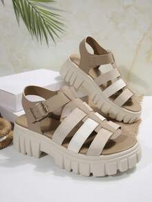 Giày sandal nữ đế xuồng cao, thoáng khí, gót dày, kiểu dáng retro, chất liệu dệt kim, thích hợp cho sinh hoạt hàng ngày. - màu trắng nhạt - Xem 5
