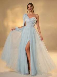 Women's Asymmetrical Neck Long Tulle Dress With Appliques And Lace-Up Back - Baby Blue - View 4