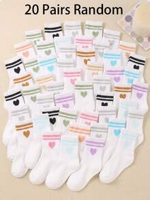 20/10/5 双装儿童圆领袜，随机颜色条纹和爱心印花图案，适合日常穿着和运动，简约舒适柔软，透气吸湿，弹性十足，是返校季和送礼佳品。 - 彩色 - 查看 15