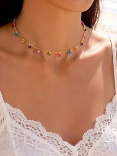 imoli 1pc Fashionable Alloy Tassel Pendant Necklace With Colored Rhinestones, Perfect Gift For Dating (due To Manual Coloring, Color May Vary Between Batches; Size Of The Chain And Number/color Of Rhinestones May Vary Due To Manual Cutting And Arrangement)