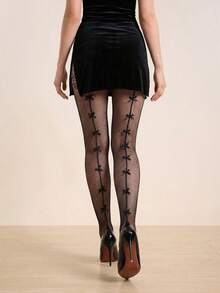 Bisouelle 1pc Women Plus Size High Stretchy Vertical Striped Fishnet Tight Pants With Bowknot,  Costume Pantyhose, Sexy Black Mesh Stockings Valentine's Day Valentines - Black - View 4