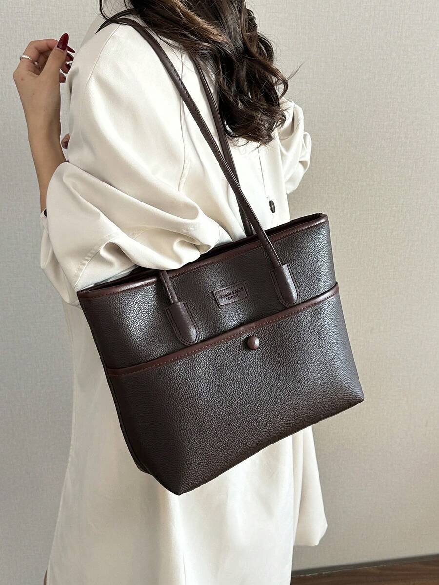 Minimalist Luxury Commuter Tote Bag, Practical Front Pocket, Large Capacity Solid Color PU Handbag For Daily Use And School - Coffee - View 1