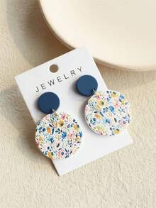 1 Pair Women's Spring/Summer Small Daisy, Blue Flower, Pink Flower Floral Print Ceramic Texture Elegant Cute Fresh Round Acrylic Earrings - Multicolor - View 7