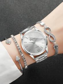4件套女士时尚休闲罗马数字表盘优雅石英表+手链，不含表盒 - 銀色 - 查看 10