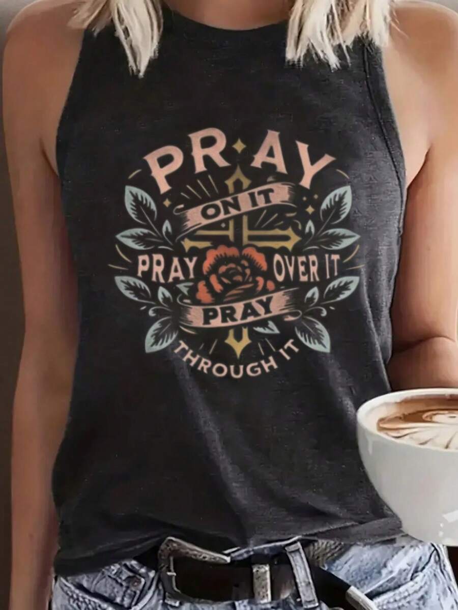 Leisure "Pray, Pray, Pray" Christian Faith Inspirational Graphic Print Tank Top - Women's Casual Teal Sleeveless Tank Top, Soft, Breathable Loose Fit Summer T-Shirt - Perfect For Easter, Church Events, Thanksgiving Christian Gifts Pure Cotton 2026 - 黑色 - 查看 1
