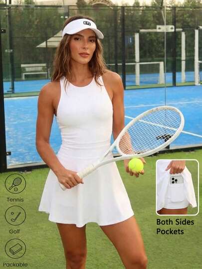 Never me Women's Classic Solid Color Racerback Sleeveless Round Neck Golf Dress, Elegant Lady's Daily Wear Sports Tennis Skirt + Shorts Set With Pockets