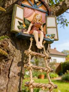 Escultura de árbol de ventana de hadas de resina con escalera y campanas, estatua de jardín al aire libre de hadas y elfos, tronco de árbol, patio y balcón, accesorios de jardín de hadas en miniatura pintados a mano, decoración rústica para el césped, decoración mágica para el hogar para el patio trasero y el porche, regalo perfecto para entusiastas de la jardinería y la fantasía - A - Ver 3