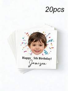 Customized Birthday Photo Napkins With Name, Personalized Face Pattern Children's Party Napkins, 5th Birthday Celebration Party, Back To School - Multicolor - View 9