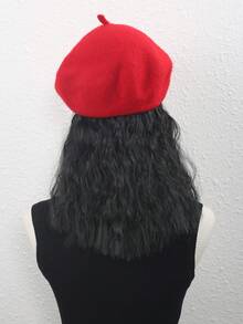 14-Inch Black Synthetic Curly Wig With Red Beret, Suitable For Women. - Black - View 6