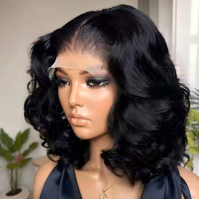 Tóc giả ngắn kiểu bob gợn sóng nhẹ, ren phía trước 13x4, tóc thật tự nhiên Brazil đã được tỉa sẵn, phần tóc mái 4x4, mật độ 180%.